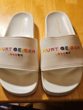 Kurt Geiger White Slides with Rainbow Lettering